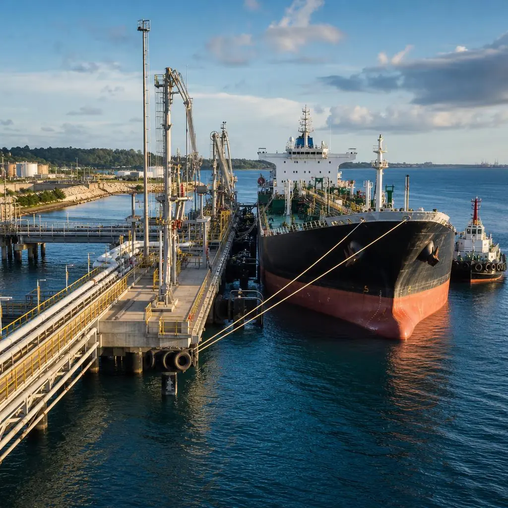 Petroleum product tanker secured at a marine terminal