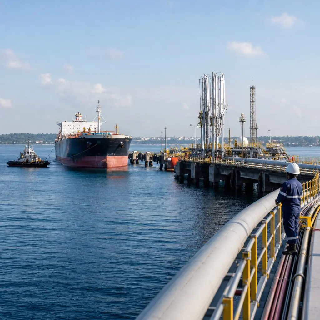 Tanker approaching a petroleum loading jetty