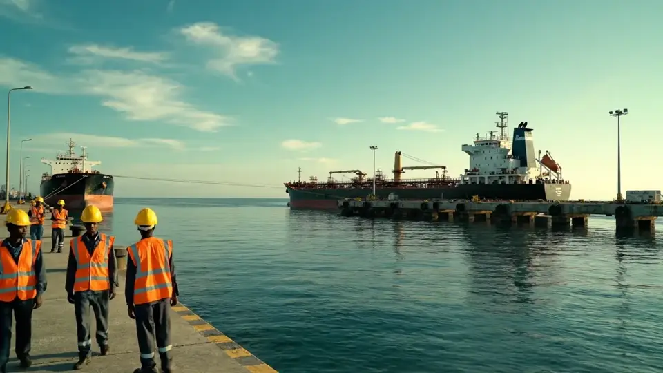 Vessels, jetty and workers at a port
